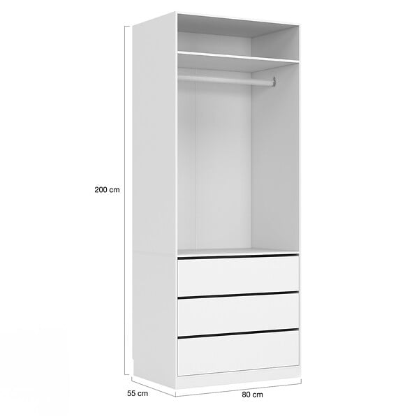 ID MARKET - Dressing modulable TAYLOR 200 x 55 x 200 cm 3 modules avec penderies + étagères + tiroirs blanc - large