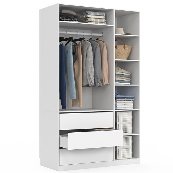 ID MARKET - Dressing modulable TAYLOR 120 x 55 x 200 cm 2 modules avec penderie + étagères + tiroirs blanc - large