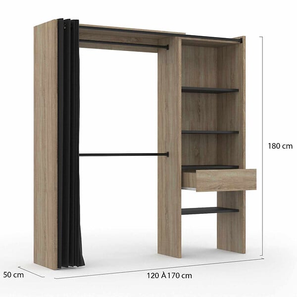 ID MARKET - Dressing extensible MARTY 120/170 x 50 x 180 cm hêtre avec étagères + double penderie + rideau noir - large