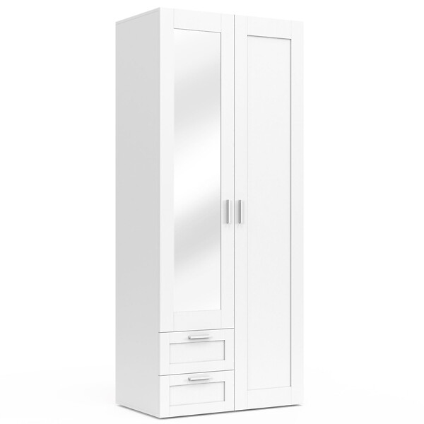 ID MARKET - Armoire 2 portes VITO blanc penderie 80 cm avec 2 tiroirs, miroir et étagères - large