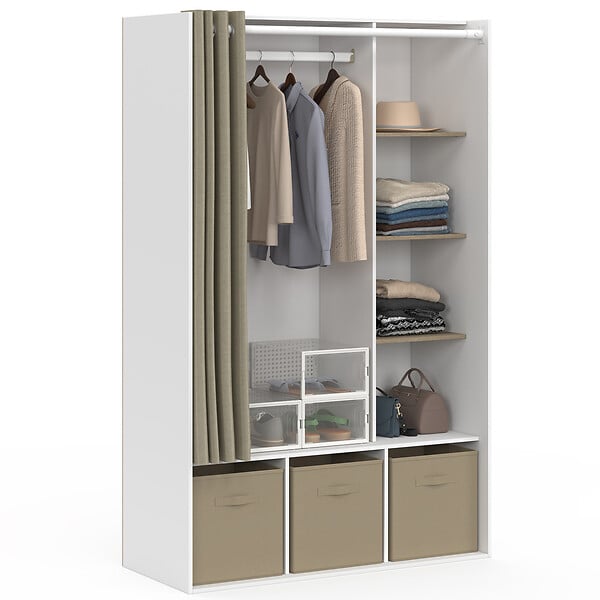 ID MARKET - Dressing penderie DIANE 105 x 45 x 167 cm blanc avec étagères + boites de rangement + rideau taupe - large