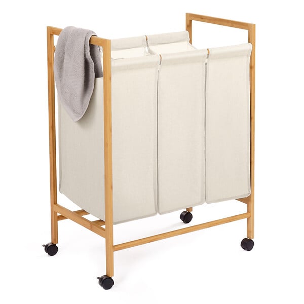 ID MARKET - Panier à linge 3 compartiments bambou RITA tissu écru avec roulettes - large