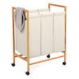 ID MARKET - Panier à linge 3 compartiments bambou RITA tissu écru avec roulettes - vignette