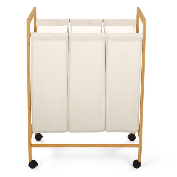 ID MARKET - Panier à linge 3 compartiments bambou RITA tissu écru avec roulettes - large