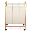 ID MARKET - Panier à linge 3 compartiments bambou RITA tissu écru avec roulettes - vignette