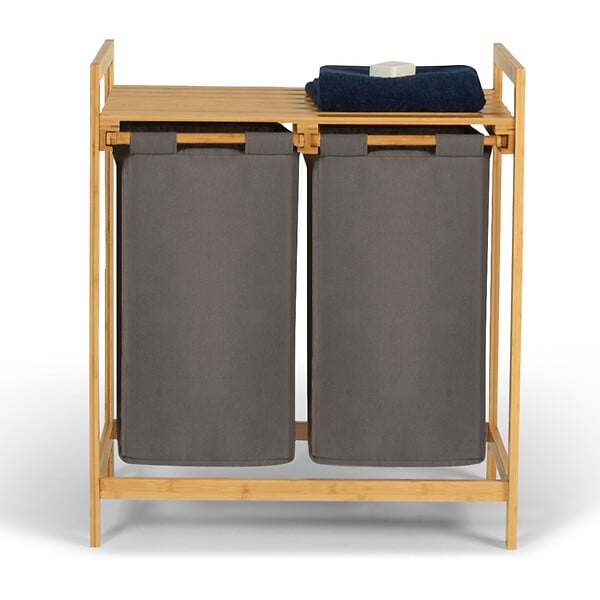 ID MARKET - Panier à linge 2 bacs bambou BEA tissu gris foncé - large