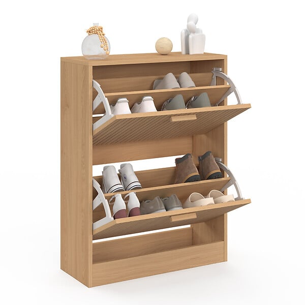 ID MARKET - Meuble à chaussures 12 paires JULIETTE 2 portes lattes tasseau bois coloris chêne - large