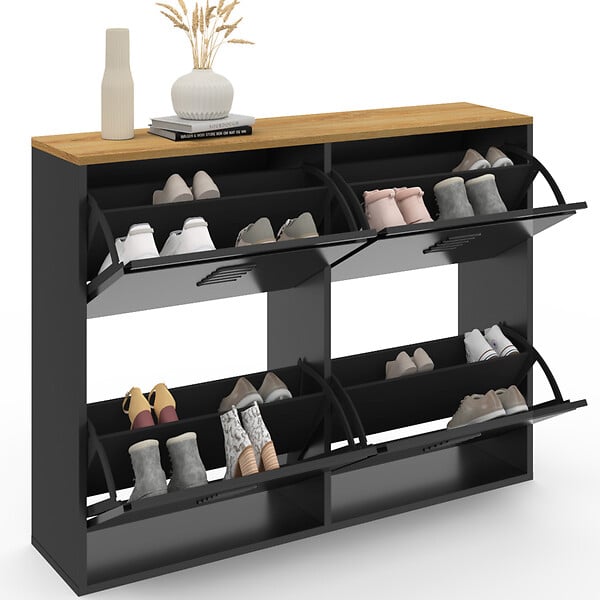 ID MARKET - Meuble à chaussures 20 paires ESTER 4 portes métal noir et plateau façon hêtre design industriel - large