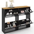 ID MARKET - Meuble à chaussures 20 paires ESTER 4 portes métal noir et plateau façon hêtre design industriel - vignette