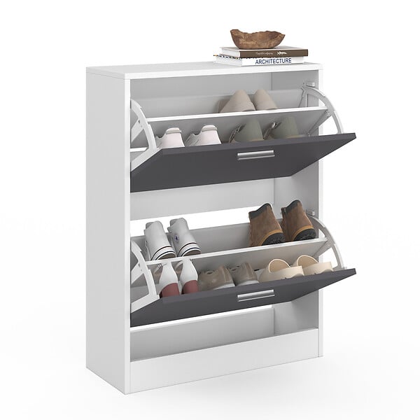 ID MARKET - Meuble à chaussures 12 paires KLARK blanc 2 portes grises - large