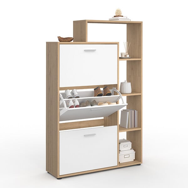ID MARKET - Meuble à chaussures 18 paires KLARK imitation hêtre 3 portes blanches avec étagère - large