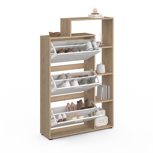 ID MARKET - Meuble à chaussures 18 paires KLARK imitation hêtre 3 portes blanches avec étagère - large
