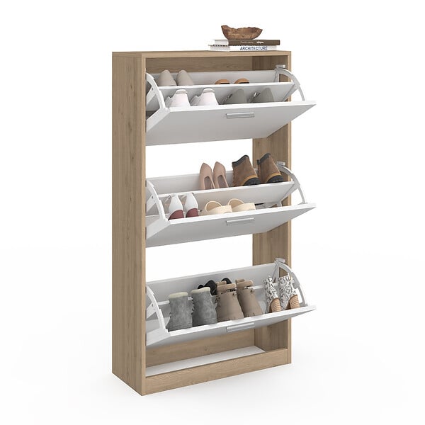 ID MARKET - Meuble à chaussures 18 paires KLARK imitation hêtre 3 portes blanches - large