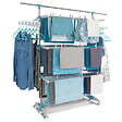 ID MARKET - Séchoir à linge vertical pliable 3 niveaux OPTIMUM capacité 30M avec tringle télescopique cintres et pinces blanc et bleu - vignette