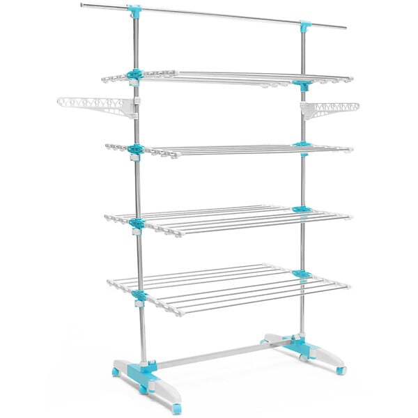 ID MARKET - Séchoir à linge vertical pliable 4 niveaux OPTIMUM capacité 30M avec tringle télescopique blanc et bleu - large