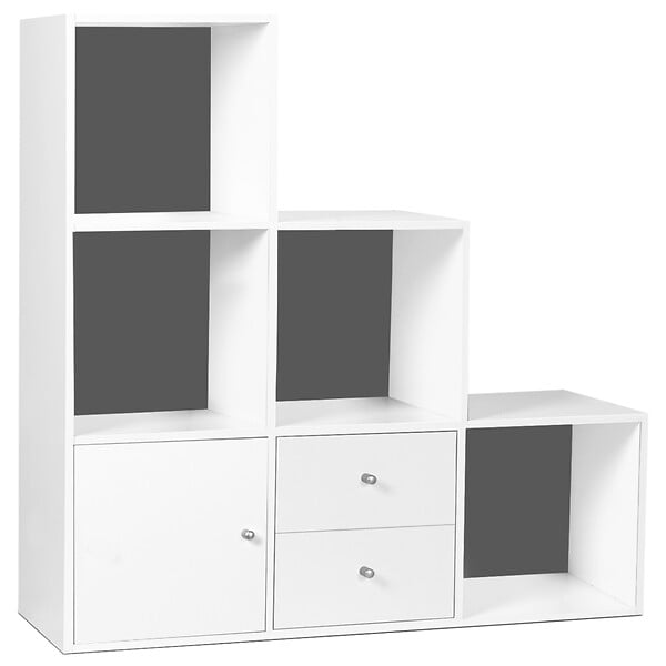 ID MARKET - Meuble de rangement en escalier LIAM 3 niveaux bois blanc fond gris avec porte et tiroirs - large