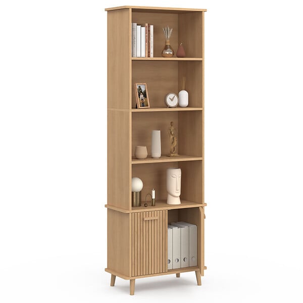ID MARKET - Etagère bibliothèque 4 niveaux avec placard JULIETTE lattes tasseau bois coloris chêne - large