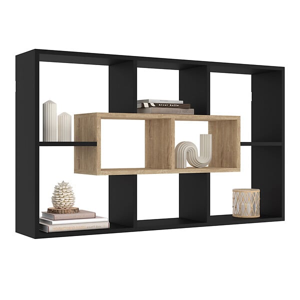 ID MARKET - Etagère murale COLETTE avec 8 compartiments noir et effet bois - large