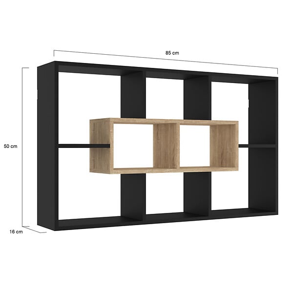ID MARKET - Etagère murale COLETTE avec 8 compartiments noir et effet bois - large