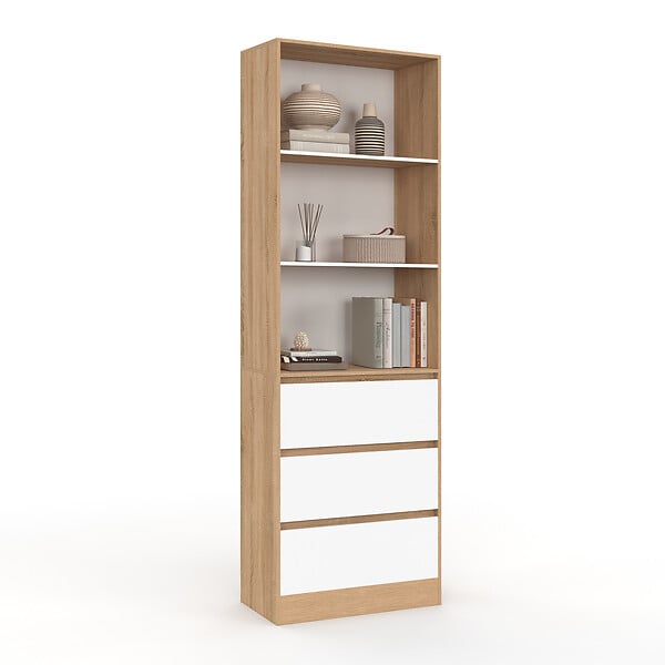 ID MARKET - Etagère bibliothèque CARLA 3 niveaux 3 tiroirs blanc et effet bois 190 cm - large