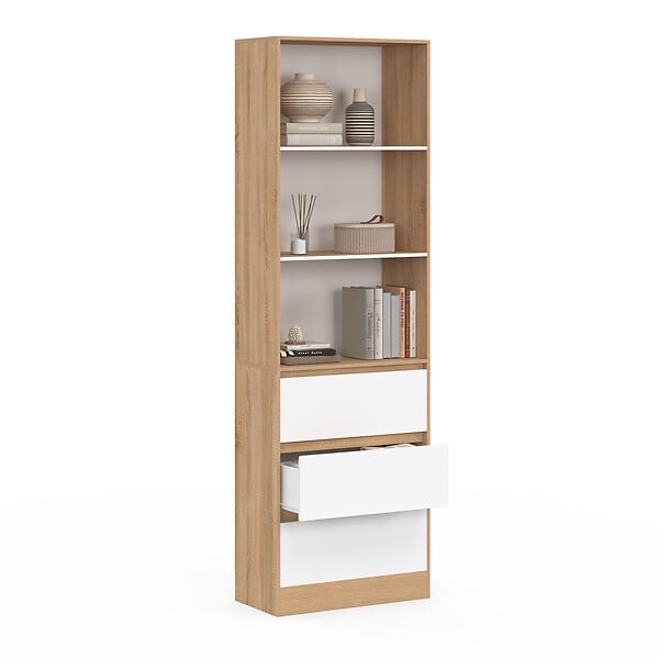 ID MARKET - Etagère bibliothèque CARLA 3 niveaux 3 tiroirs blanc et effet bois 190 cm - large