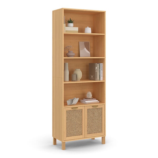 ID MARKET - Etagère bibliothèque 4 niveaux avec placard EDHEN cannage et bois - large