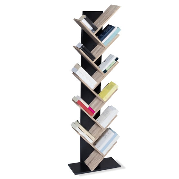 ID MARKET - Etagère bibliothèque à livres TEA forme d'arbre 10 niveaux bois noir et étagères façon hêtre - large