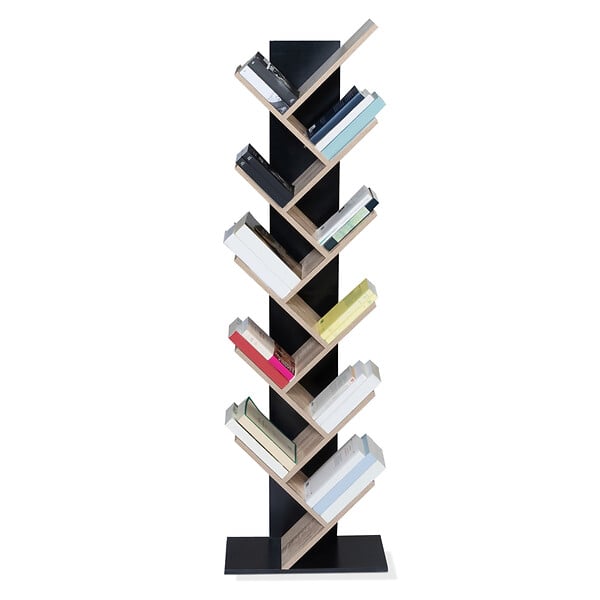 ID MARKET - Etagère bibliothèque à livres TEA forme d'arbre 10 niveaux bois noir et étagères façon hêtre - large