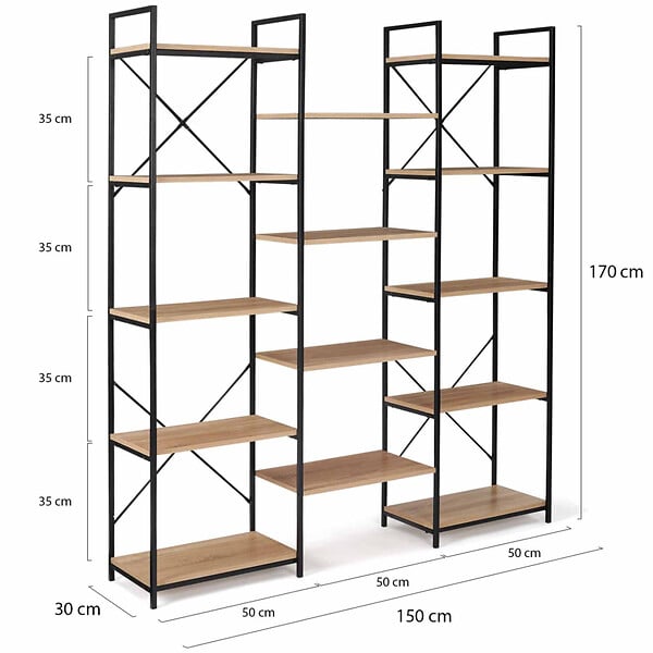ID MARKET - Étagère bibliothèque trio 5 niveaux DETROIT design industriel 170 cm - large