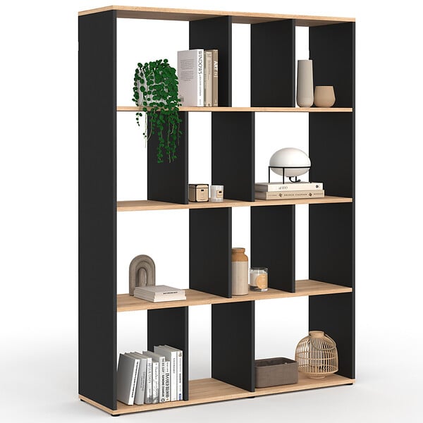ID MARKET - Etagère bibliothèque JENA 4 niveaux noir et effet bois 143 cm - large