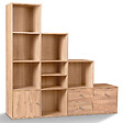 ID MARKET - Meuble de rangement en escalier LIAM 4 niveaux bois façon hêtre avec porte et tiroirs - vignette
