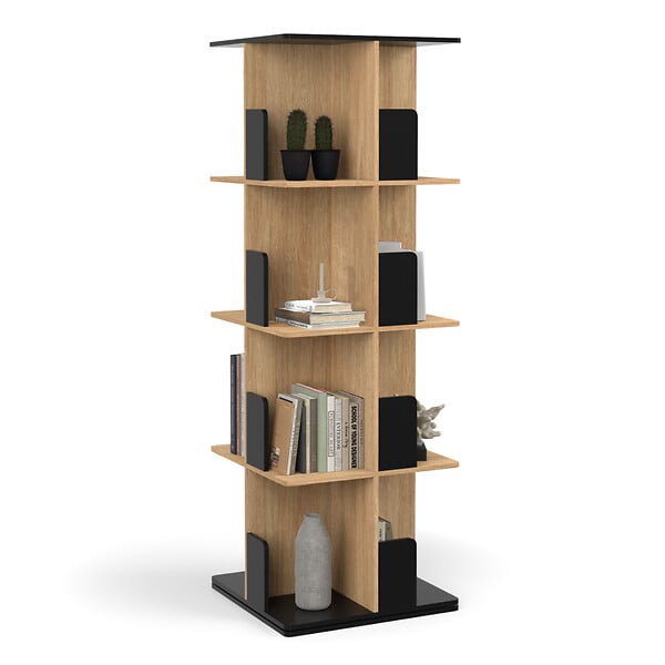 ID MARKET - Etagère bibliothèque rotative 4 niveaux RAPHA noir et effet bois - large