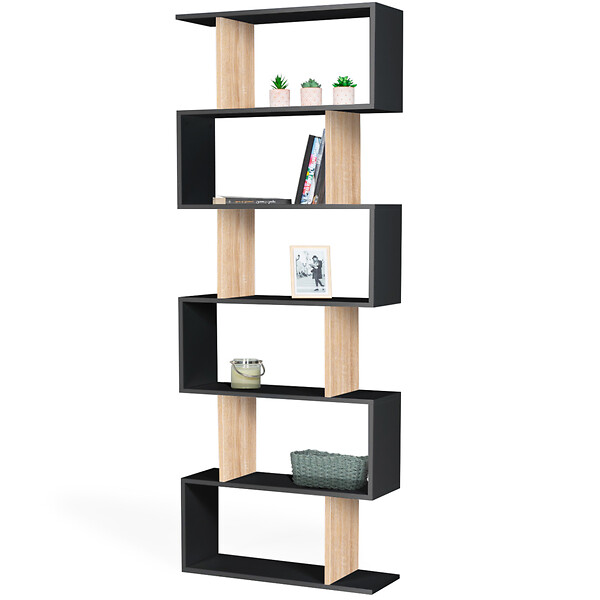 ID MARKET - Etagère bibliothèque SOFIA forme S bois façon hêtre et noir 189 cm - large