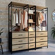 ID MARKET - Dressing penderie modulable L. 150 cm UTAH XXL avec 3 étagères et 9 bacs en tissu bois et noir - vignette
