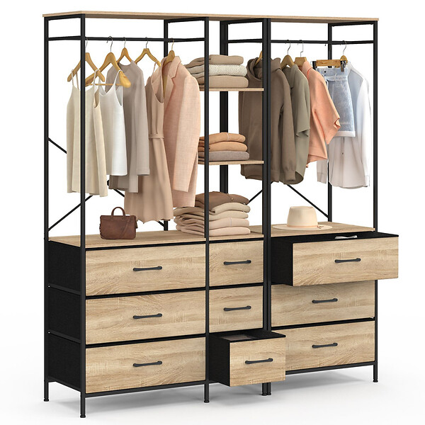 ID MARKET - Dressing penderie modulable L. 150 cm UTAH XXL avec 3 étagères et 9 bacs en tissu bois et noir - large