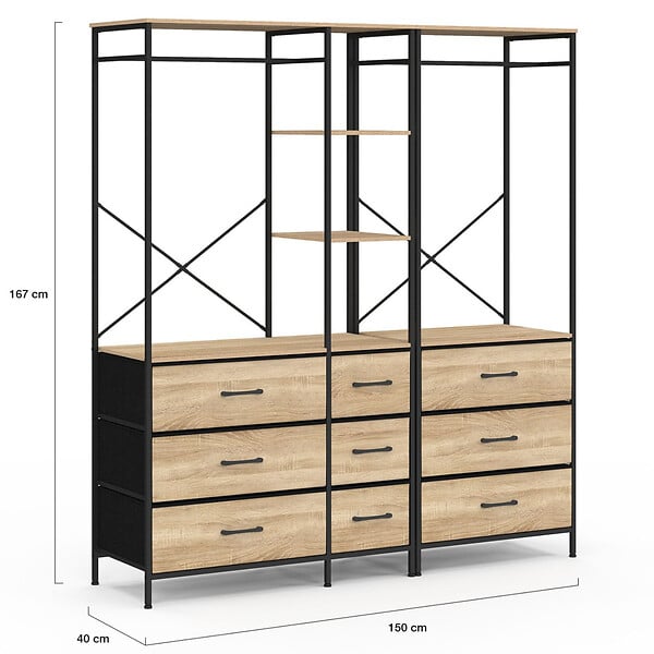 ID MARKET - Dressing penderie modulable L. 150 cm UTAH XXL avec 3 étagères et 9 bacs en tissu bois et noir - large