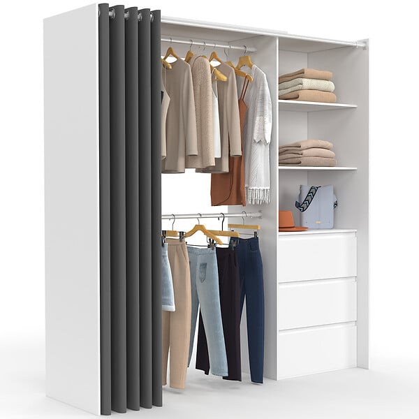 ID MARKET - Dressing extensible MARTY 120/170 x 50 x 180 cm blanc avec 3 tiroirs + étagères + double penderie + rideau gris - large
