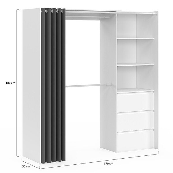 ID MARKET - Dressing extensible MARTY 120/170 x 50 x 180 cm blanc avec 3 tiroirs + étagères + double penderie + rideau gris - large