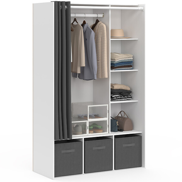 ID MARKET - Dressing penderie DIANE 105 x 45 x 167 cm blanc avec étagères + boites de rangement + rideau gris - large