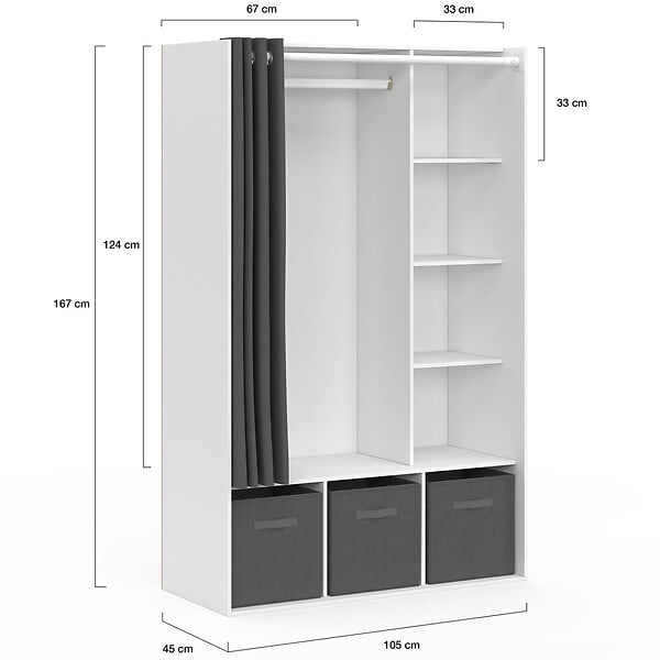 ID MARKET - Dressing penderie DIANE 105 x 45 x 167 cm blanc avec étagères + boites de rangement + rideau gris - large