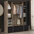 ID MARKET - Dressing penderie DIANE 140 x 45 x 167 cm hêtre avec étagères + boites de rangement + rideau noir - vignette