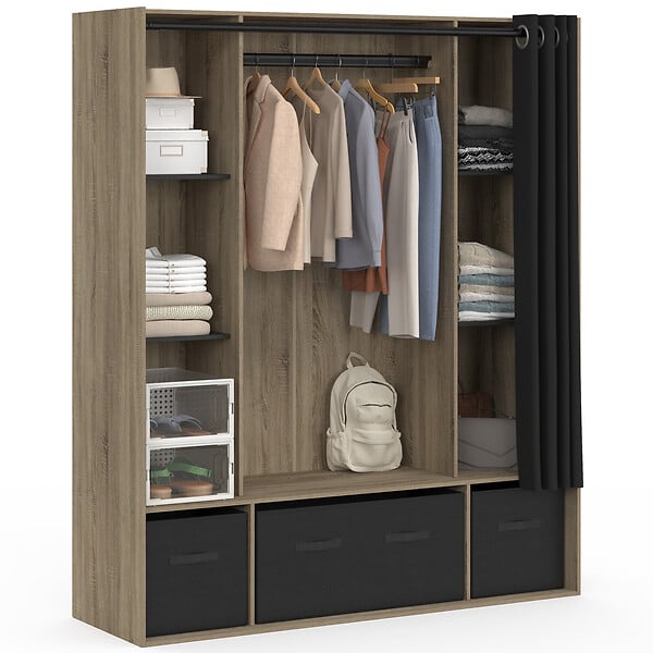 ID MARKET - Dressing penderie DIANE 140 x 45 x 167 cm hêtre avec étagères + boites de rangement + rideau noir - large