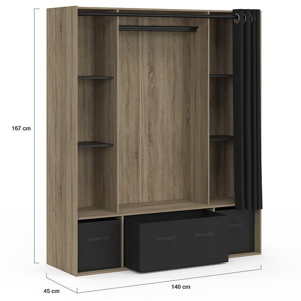 ID MARKET - Dressing penderie DIANE 140 x 45 x 167 cm hêtre avec étagères + boites de rangement + rideau noir - large