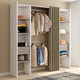 ID MARKET - Dressing extensible double MERYL 120/180 x 50 x 180 cm blanc avec étagères hêtre + double penderie + rideau taupe - vignette