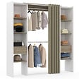 ID MARKET - Dressing extensible double MERYL 120/180 x 50 x 180 cm blanc avec étagères hêtre + double penderie + rideau taupe - vignette