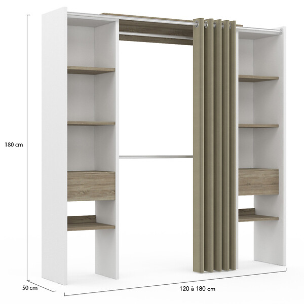 ID MARKET - Dressing extensible double MERYL 120/180 x 50 x 180 cm blanc avec étagères hêtre + double penderie + rideau taupe - large