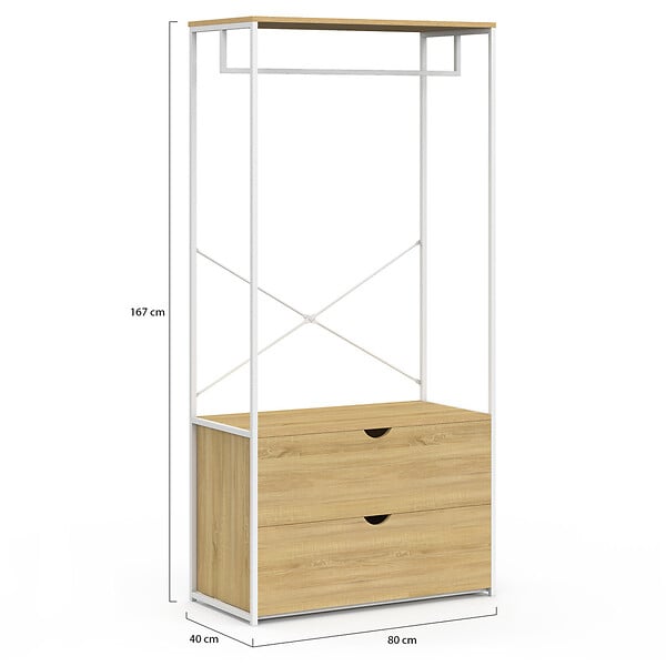 ID MARKET - Dressing penderie 2 tiroirs L. 80 cm DETROIT design industriel bois et métal blanc - large