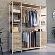 ID MARKET - Dressing double penderie + double colonne L. 140 cm UTAH avec 6 étagères et 6 bacs en tissu bois et blanc - vignette