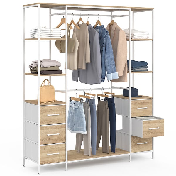 ID MARKET - Dressing double penderie + double colonne L. 140 cm UTAH avec 6 étagères et 6 bacs en tissu bois et blanc - large