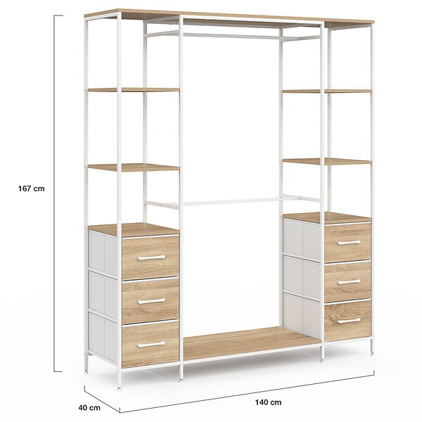 ID MARKET - Dressing double penderie + double colonne L. 140 cm UTAH avec 6 étagères et 6 bacs en tissu bois et blanc - large